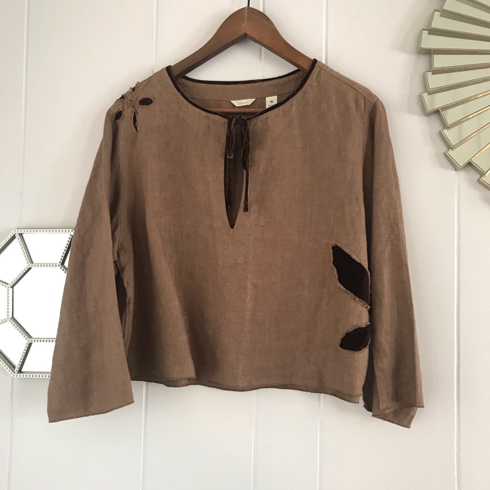 Kleen Linen Light Brown Crop Velvet Flower Top M - Picture 1 of 5